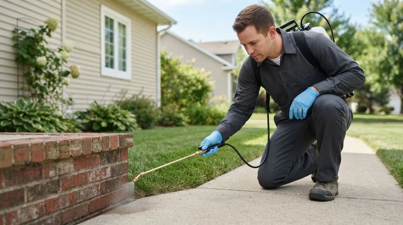 Pest control technician treating a home near Wyoming, NY