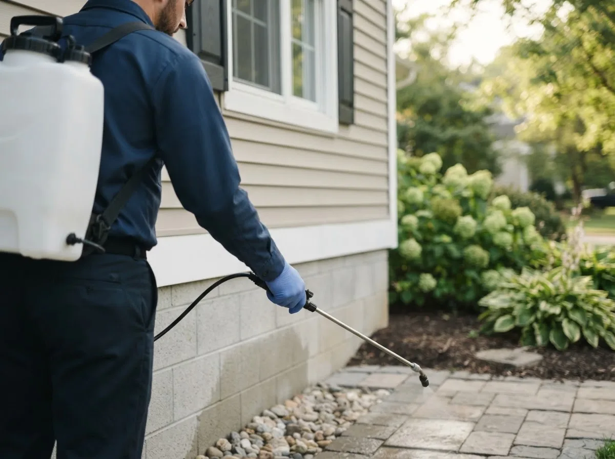 Pest control technician inspecting a home in Wyoming, NY